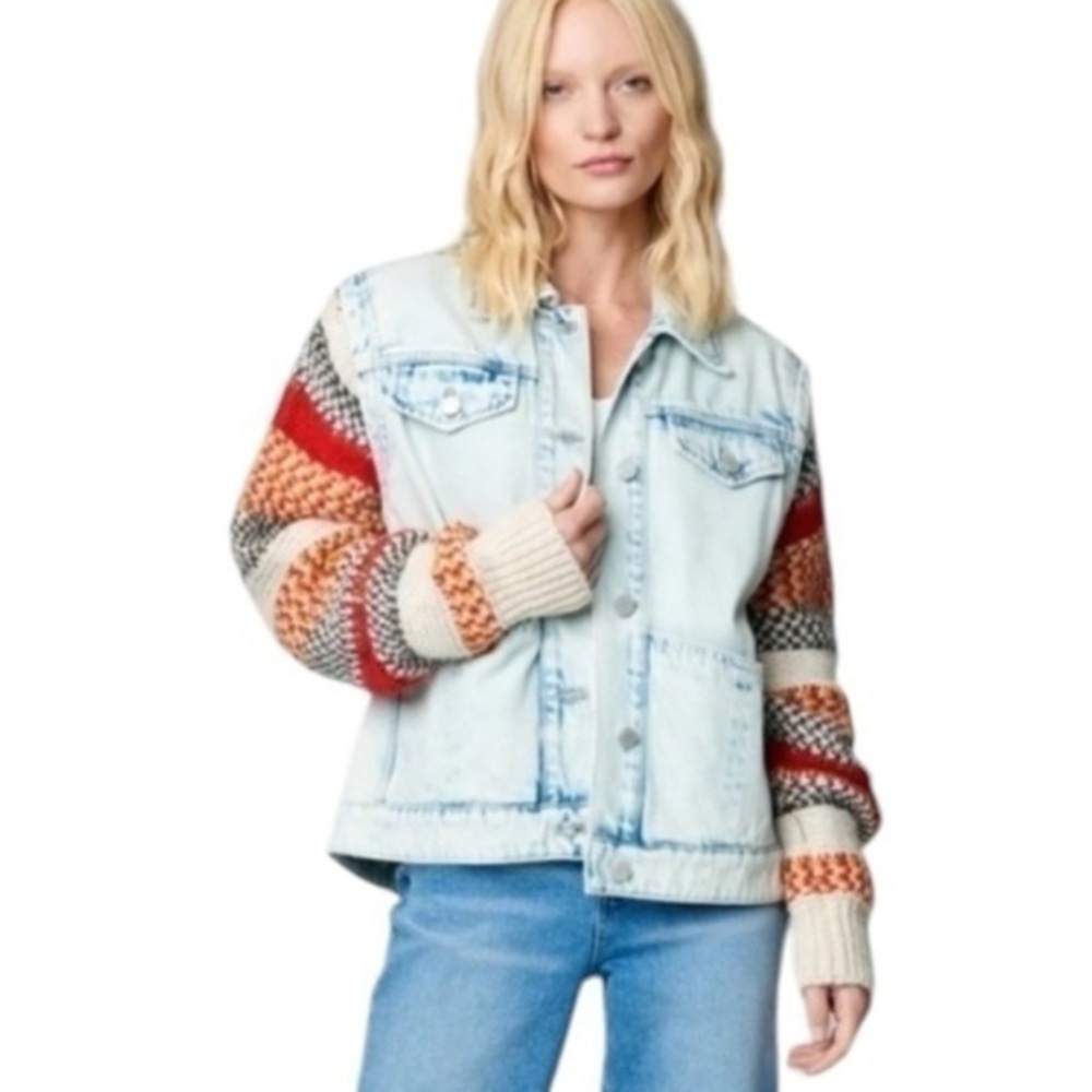 Blank NYC Happy Promises Striped Knit Denim Trucker Jacket